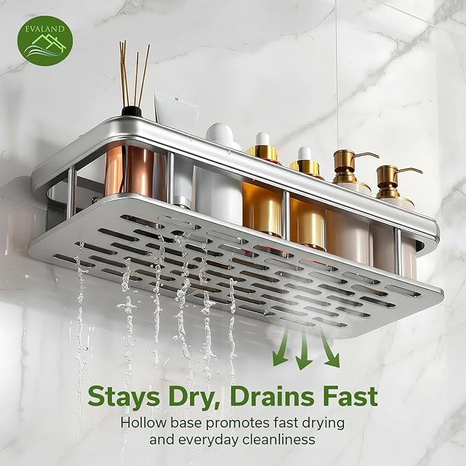 Shower Caddy Adhesive 2Pack with Hooks and Rod for Towels Silver-Premium Bathroom Shower Shelves Shampoo Organizer Rack Storage Bathtub Shelf Rustproof Easy Installation Sturdy Build Sleek Modern Look