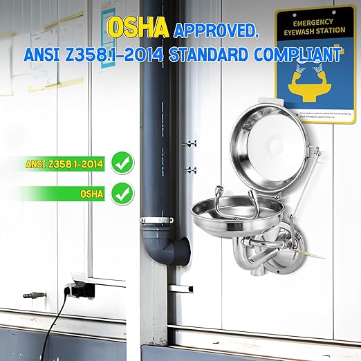 Eye Wash Station with Cover, Wall Mount Eyewash Station OSAH Approved, Stainless Steel Plumbing Eye Washing Unit, with Dual Spray & Mirror, NPT Threaded, Industrial& Commercial Grade Eye Wash Station