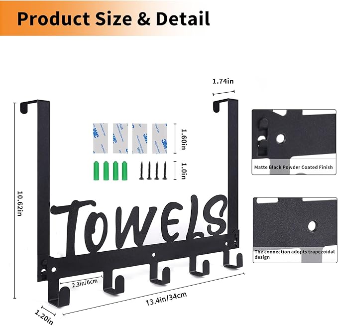 Over The Door Hook, Towel Holder Towel Hook for Bathroom, Towel Hanger Door Rack with 5 Coat Hooks, Over The Door Hanger Towel Rack for Bathroom, Bedroom Towels Coats(Silver)