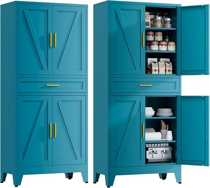 71" Tall Farmhouse Pantry Cabinet,Metal Cabinets with Doors and Shelves,Storage Cabinet for Kitchen Dining Room Garage,Blue Green