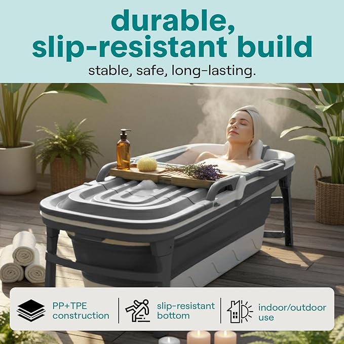 Serenelife 59" Portable Bathtub for Adults – Large Foldable Ice Bath Tub for Cold Plunge & Hot Spa, Freestanding Soaking Tub for Indoor/Outdoor, Athlete Recovery & Family Use, 440lbs Capacity