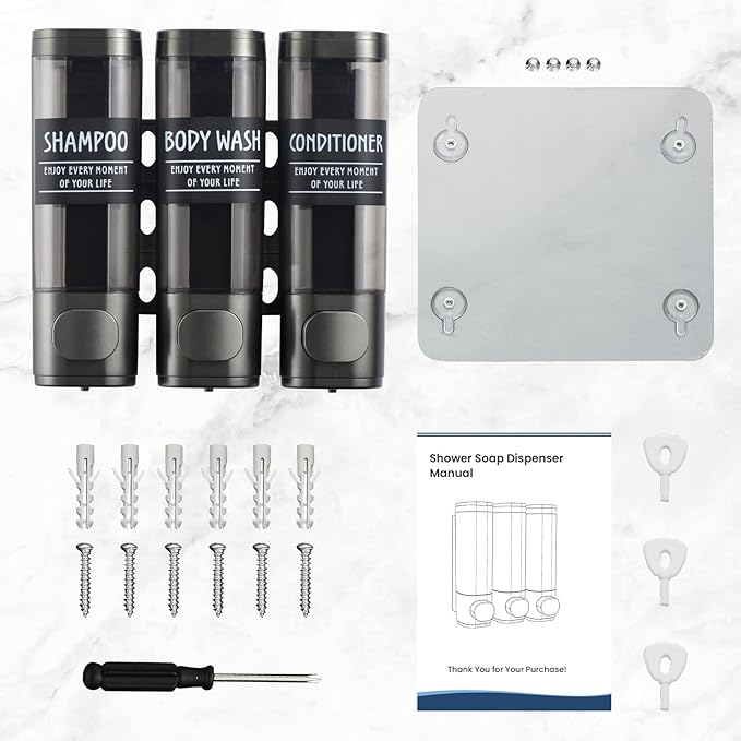 Shampoo and Conditioner Dispenser,GlintGath Shower Dispenser 3 Chamber No Drill Shampoo Dispenser for Shower Wall Mounted Shower Soap Dispenser for Bathroom Hotel,3 * 300ML,Gun Gray
