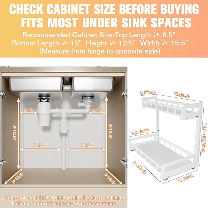 Under Sink Organizer 2 Pack, Metal Large Capacity 2-Tier Sliding Cabinet Storage Rack, Heavy-Duty Rust-Resistant Steel Frame, Holds 50 lbs Each, Adjustable Height 12–16", 14"D x 11"W for Home, White