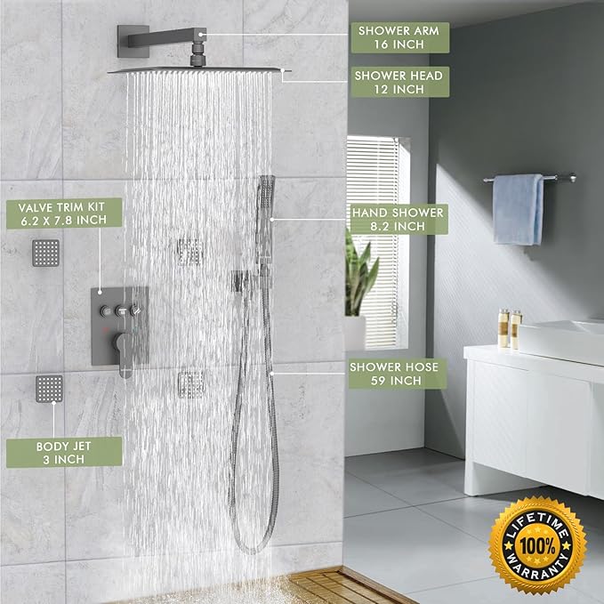 Shower System with Body Jets,Bostingner 3 Way Shower Faucet Set 12" Rain Shower Head with Handheld Spray, Can Use at Same Time,Push Button Diverter Shower Head Set Complete, Matte Black