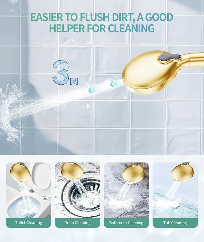 SR SUN RISE Filtered Shower Head with Handheld High Pressure 9 Spray Mode Showerhead Detachable Shower Head Water Softener Filters Beads for Hard Water Remove Chlorine 4 Filters Brushed Gold
