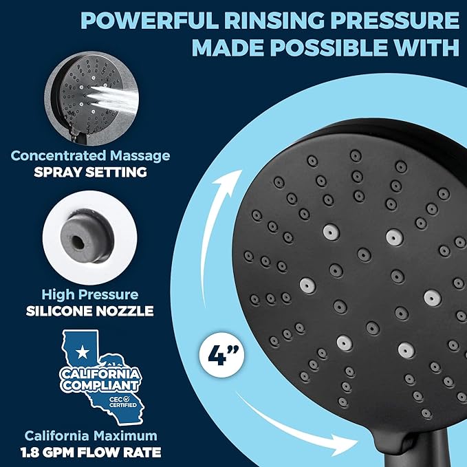 HammerHead Showers® Solid Metal 3-Spray Handheld Shower Head with Long Hose and Holder - MATTE BLACK - WIDE, MASSAGE, and MIST Sprays - 1.8 GPM Low Flow Handheld Showerhead - Water Saving Shower Head