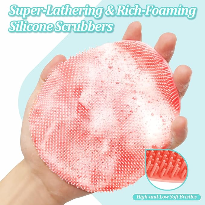 Silicone Back/Face Scrubber & Bath Glove Set 3PCS, Extendable Back Scrubber with Dual-Side Large Head, 360° Anti-Slip Bath Glove, Unique Side-Bristle Face Scrubber for All-Round Cleaning(Pink)