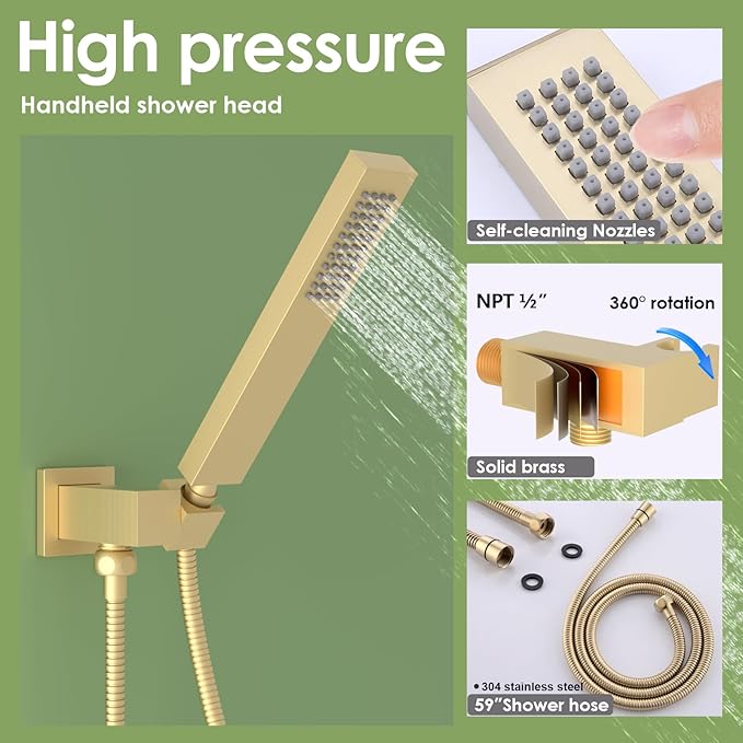 Enga Brushed Gold Rain Shower System with Body Jets, 12 inch Rain Shower Body Spray Jets System Wall Mounted Shower Faucet Set with 3-Function Brass Shower Valve