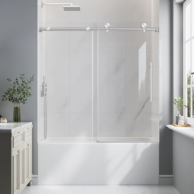 Bathtub Shower Door Frameless, 55-60" W x 60" H Sliding Tub Shower Door, 1/4''(6mm) SGCC Tempered Glass with Explosion-Proof Film Nano Coating, Stainless Steel Hardware, Brushed Nickel