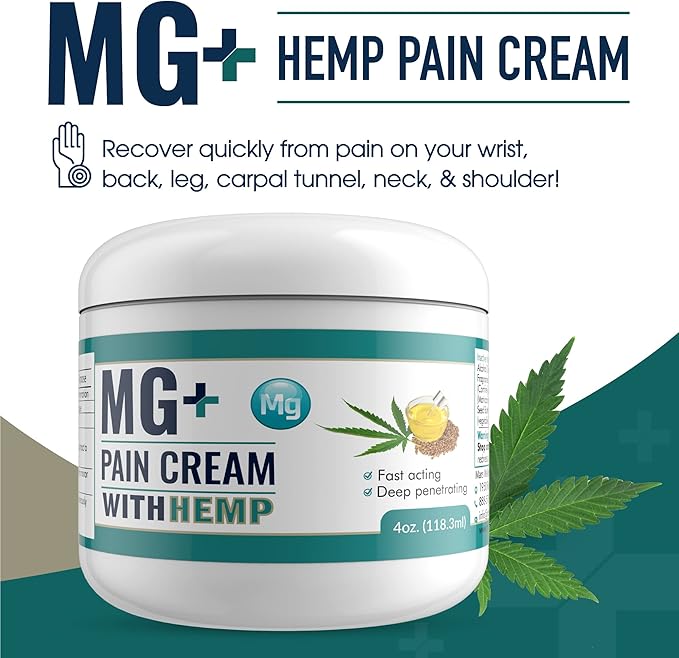 MARS WELLNESS MG+ Hemp Pain Cream (4 oz) - Maximum Strength Arnica & Magnesium Cream for Sore Legs, Joints & Muscle Cramps - Unisex Adults