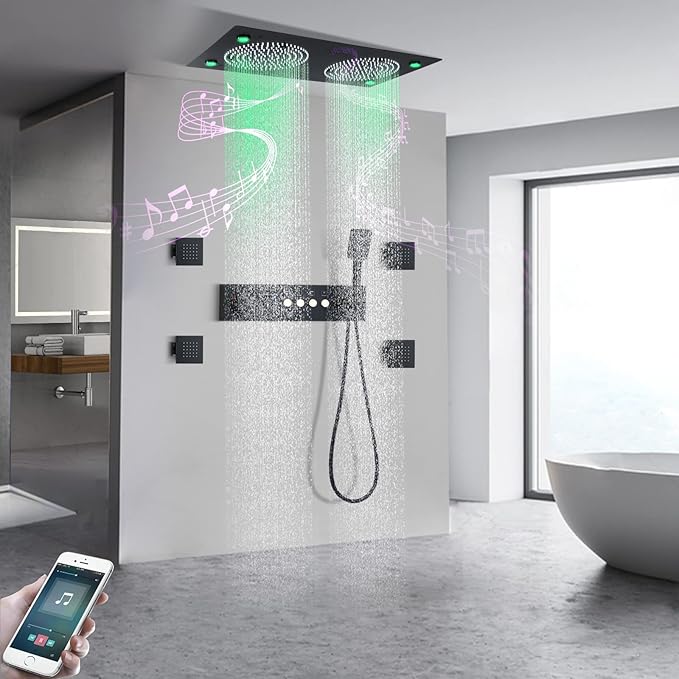 Smart Matte Black Rain LED Ceiling Shower Head With Handheld Spray, 12.5X24.5 Inch Super Large Rectangle Thermostatic Rainfall Shower System Fixtures Set And Body Jets For Double Bath