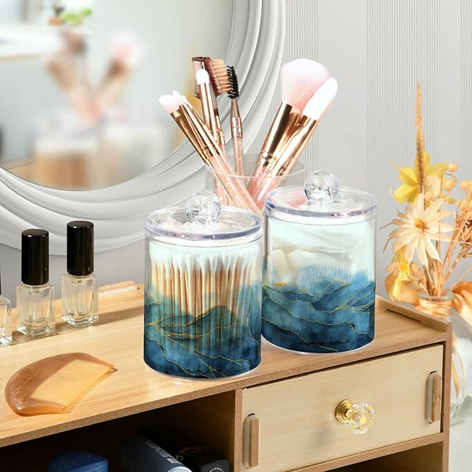 4 Pack Qtip Holder Organizer Dispenser Blue Watercolor Marble Bathroom Containers Bathroom Vanity Storage Canister Apothecary Jars for Cotton Swabs/Pads/Floss