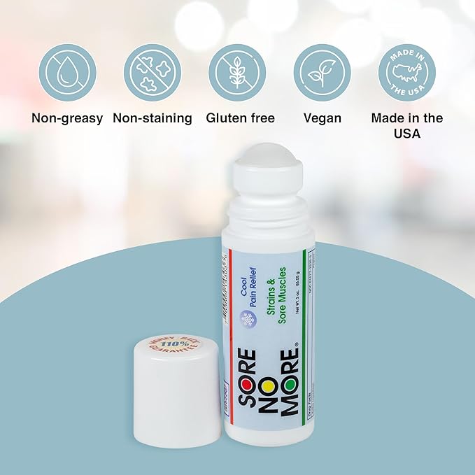Sore No More Cool Relieving Gel for Aches & Pains in Muscles & Joints associated with Strains, Bruises & Sprains | Absorbs Quickly with a Refreshing Lemon Aroma | 3 oz Roll-On