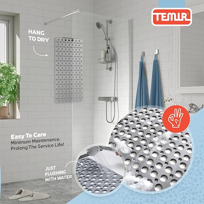 TEMIR Bathtub Mat Non Slip and Shower Mat with Suction Cups and Drain Holes, 30x17 in (75x43 cm), Soft Machine Washable Non Slip Bath Mat, Shower Mats for Inside Shower, Easy Dry&Cut (Gray)