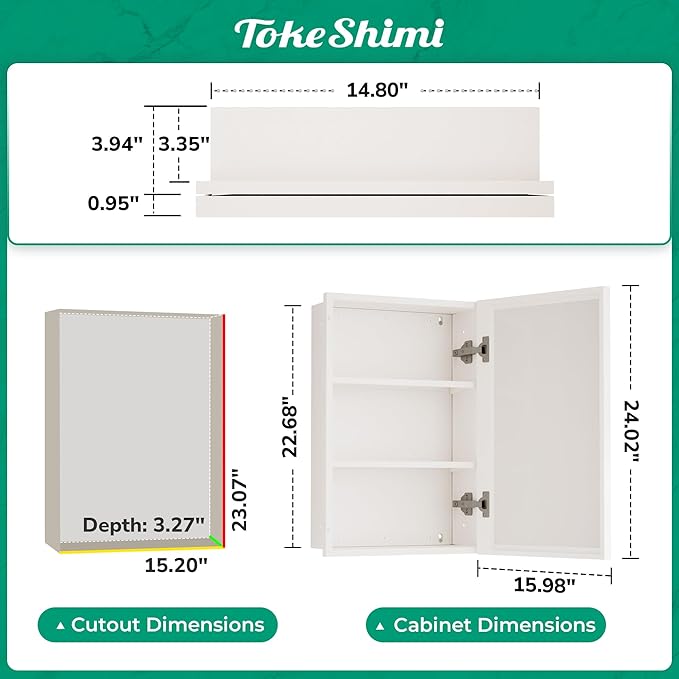TokeShimi 16 x 24 Recessed Medicine Cabinet with Mirror Surface Mounted, Aluminum White Medicine Cabinet with Mirror, Metal Beveled Bathroom Mirror with Storage