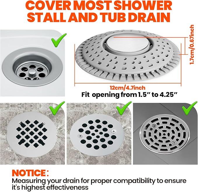 Shower Drain Hair Catcher, Upgraded 2Pack Premium Silicone Drain Protector & Shower Drain Cover for Regular Floor Drains of Shower Room, Bathroom, 304 Stainless Steel, Gray