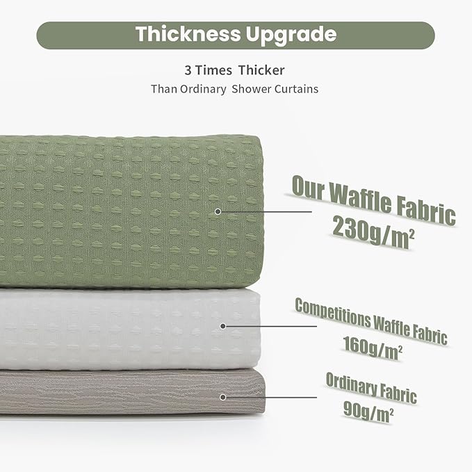 Inhousolu Fabric Shower Curtain Waffle Weave, Sage Green 230 GSM Heavy Duty, Weighted Hem, 14 Metal Hooks, Water Repellent, Machine Washable, Hotel Spa Luxury Bath Curtain Set, 72 x 72 Inch