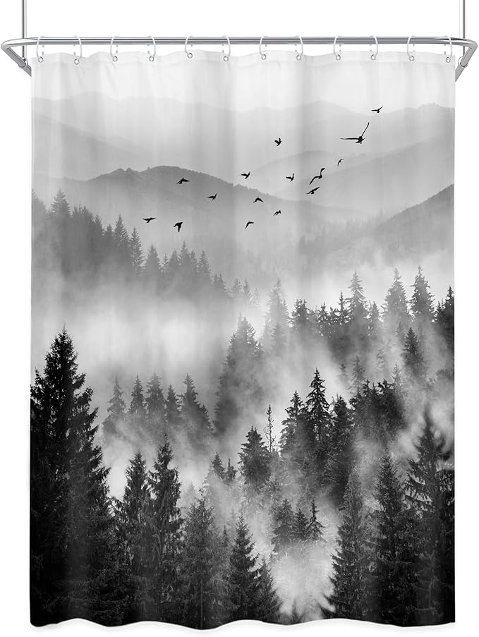 Riyidecor Black and White Shower Curtain 48Wx72H Inch,Stall Narrow Rv Small Nature Woods,Landscape Scenery Pine Tree Woodland Rustic Cool Mens Bathroom Decor Fabric Polyester Waterproof 12 Pack Hooks