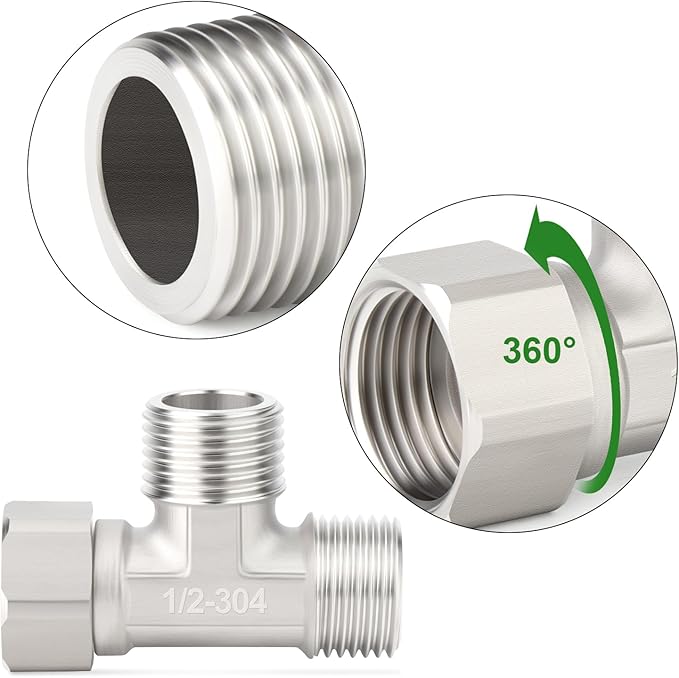 TAISHER 2PCS 304 Stainless Steel 3 Way Right Flexible Movable Tee Connector, 1/2" Male for Sprayer, Angled Valve, Shower Arm
