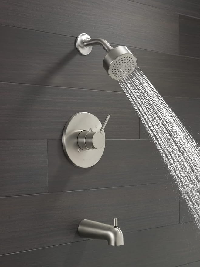 Delta Faucet Modern Brushed Nickel Tub and Shower Trim Kit, Shower Faucet with Single-Spray Touch-Clean Shower Head, Stainless T14459-SS-PP (Valve Not Included)