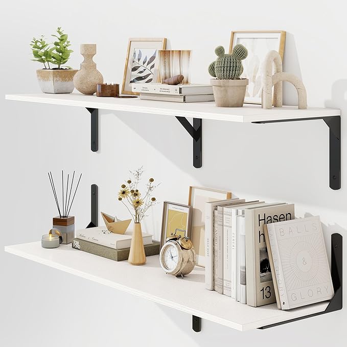 White Floating Shelves 40"W x 12"D, Deep Wall Shelves with Brackets for Books, Plant, 12 Inch Deep Bathroom Shelf Set of 2, Large Floating Shelf for Living Room, Bedroom, Kitchen, Set of 2