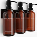 Amber Shampoo and Conditioner Dispenser Set Wall Mounted by Brighter Barns - Plastic Shower Dispenser Set - 3 Chamber Drill Free Shampoo Bottles - Modern Bathroom Decor for Guest Bathroom, Spa (Amber)