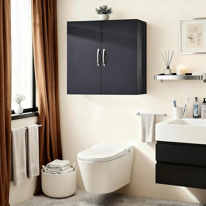 SoBuy Wall Cabinet Laundry Room Kitchen, Over Toilet Storage Cabinet, Medicine Cabinet with Shelf for Bathroom Garage Hallway Entryway, Black BZR200-SCH