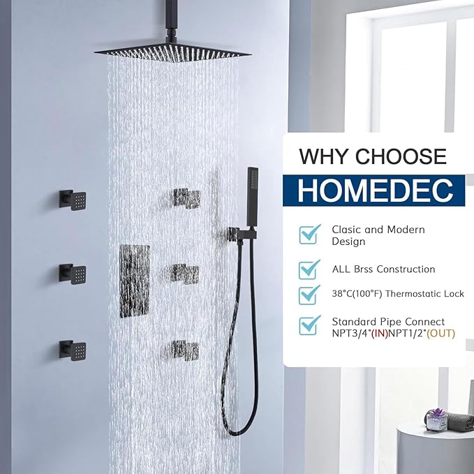 HOMEDEC Brass 3 Way Shower Diverter Valve, Thermostatic 3 Handle Control Shower Mixing Valve Trim Kit Replacement, Rough In, Black