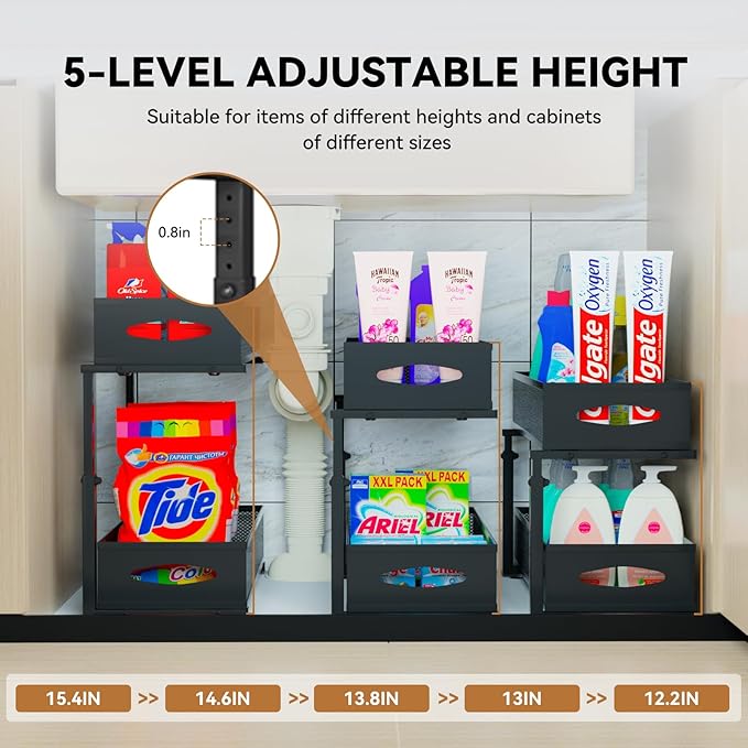 2 Pack Under Sink Organizer,2 Tier Pull Out Sink Shelf,Cabinet Organizer Shelves,Under Sink Shelf,Metal Sliding Drawer Storage for Kitchen Bathroom,Height Adjustable,Black