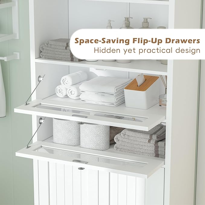 MU 67" Tall Bathroom Storage Cabinets, Modern Linen Cabinet with Doors & Shelves & Drawer, Tall Freestanding Storage Cabinet for Bathroom, Living Room, Kitchen, Pantry, White