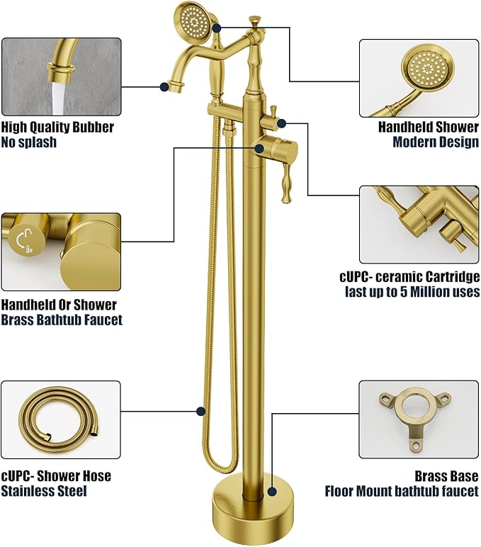 Brushed Gold Bathtub Faucet Freestanding Tub Filler High Pressure Single Handle Bathtub Filler Floor Mounted Brass Bathroom Tub Faucets with Handheld Shower