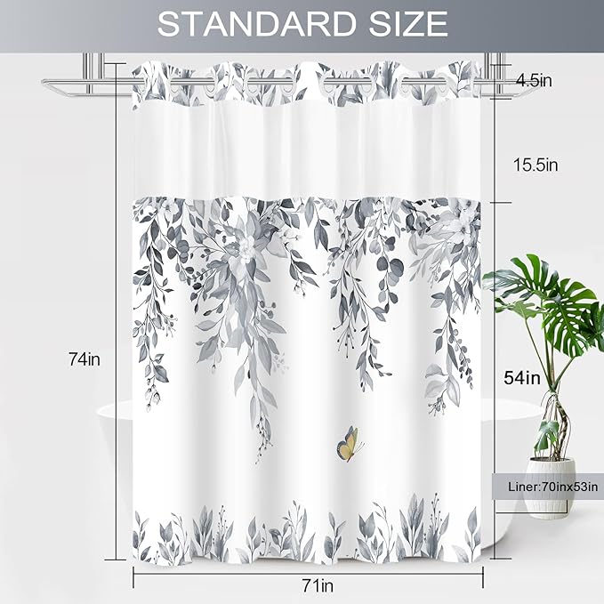 No Hook Shower Curtain and Liner Set, Blue Grey Eucalyptus Floral Shower Curtains for Bathroom, Bath Curtain Sets with Snap in Liner, Waterproof with See Through Top Window, 71x74 Inches