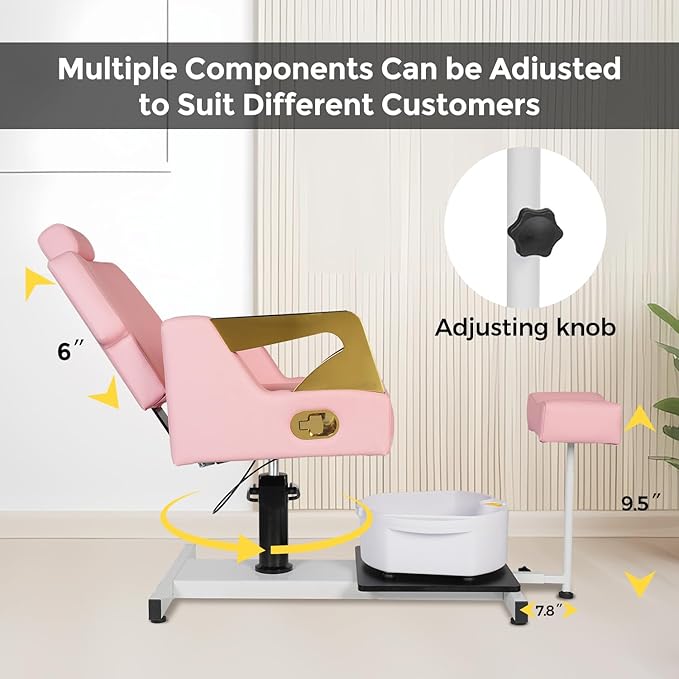 Reclining Pedicure Chair with Stool, Pedicure Station with Foot Massage Basin 360° Swivel Pedicure Chair Hydraulic Adjustable Height for Foot Spa Unit Station Pink