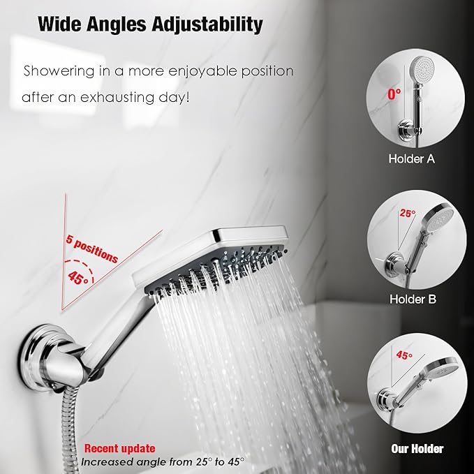 Handheld Shower Head Holder with Enhanced Suction Cup - Relocatable - 4 Angles Adjustable - 90° Downward - Bathroom Wall Mount Shower Wand Holder (Polished Chrome)