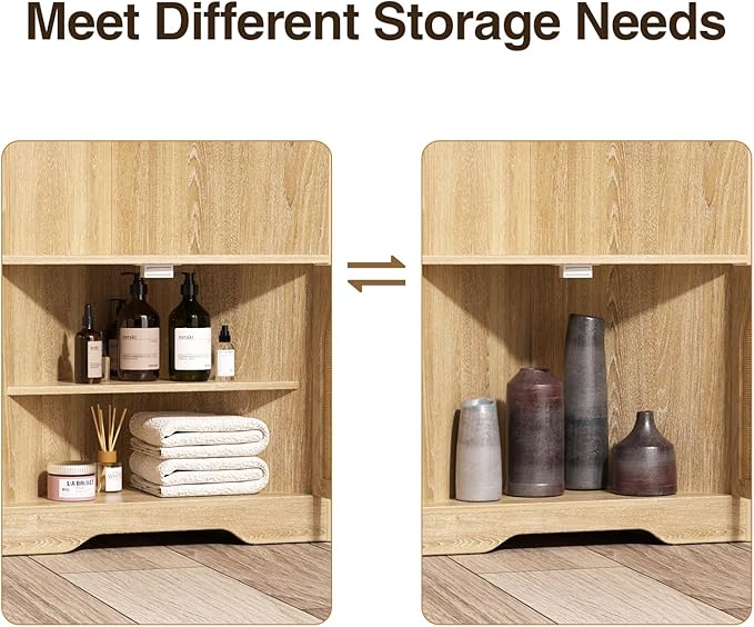 67''H Tall Corner Cabinet with Handmade Rattan Door, Rattan Storage Cabinet with Adjustable Shelves, Corner Bookshelf Space Saver for Barthroom, Kitchen, Natural