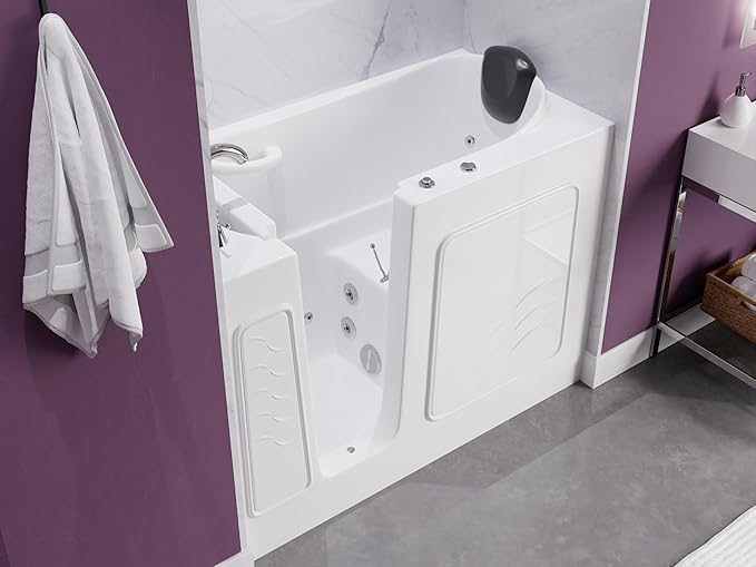 ANZZI Whirlpool Walk-In Bathtub 26" x 53" White Acrylic Left Drain 15 Jets Inline Heater Fast Drain ADA Compliant Slip-Resistant Base Quick Fill Faucet Ergonomic Pillow Chrome Trim | AMZ2653LWH-CP