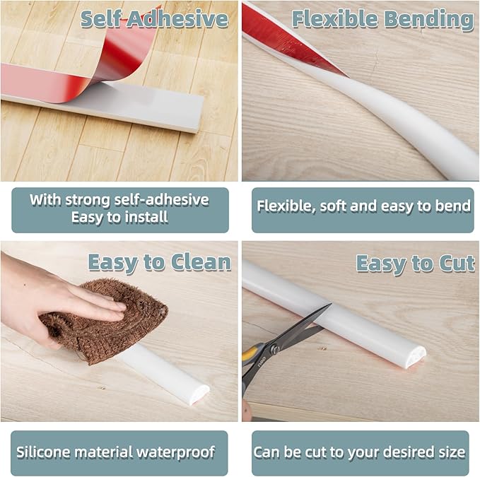 78Inch New Shower Threshold Water Dam Barrier,Collapsible Self-Adhesive Silicone Shower Water Guard for Bathroom Bathtub and Kitchen,Shower Water Blocker Suitable for Wheelchair Access(White)