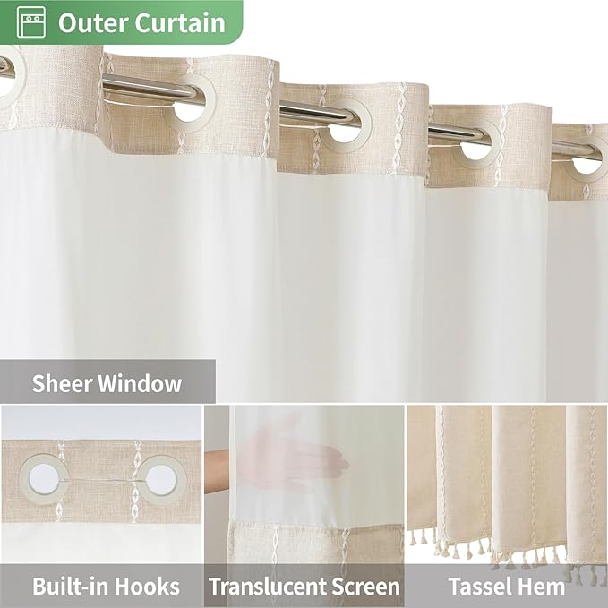 No Hook Extra Long Shower Curtain Set with Snap-in Liner,Linen Textured Thick Striped Fabric with Tassels,Boho Chic Modern Farmhouse Bathroom Curtain,Water-Repellent,Cream/Beige,71x86