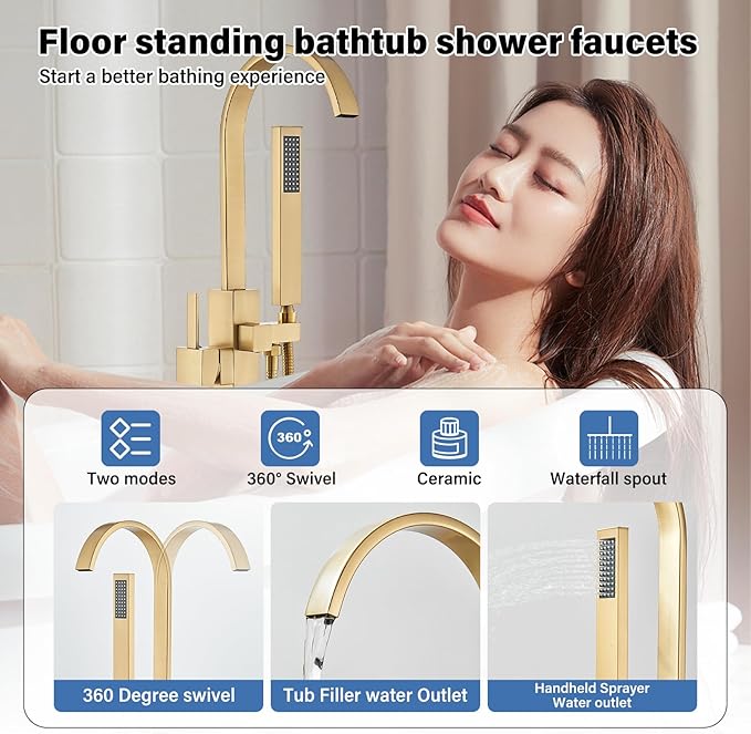 Freestanding Bathtub Faucet Floor Mounted Tub Filler Brushed Gold Single Handle 360 Swivel Standing Spout High Flow Brass Bath Tub Faucets Set