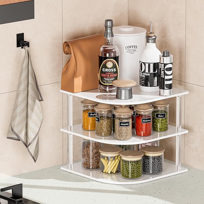 Plate Organizer for Cabinet Space Saver - Acrylic Corner Shelf for Dishes, Bowls, 3-Tier Kitchen Countertop Cabinet Organization, Dinner Plates Holder, and Small Shelf for Bathroom Storage - White
