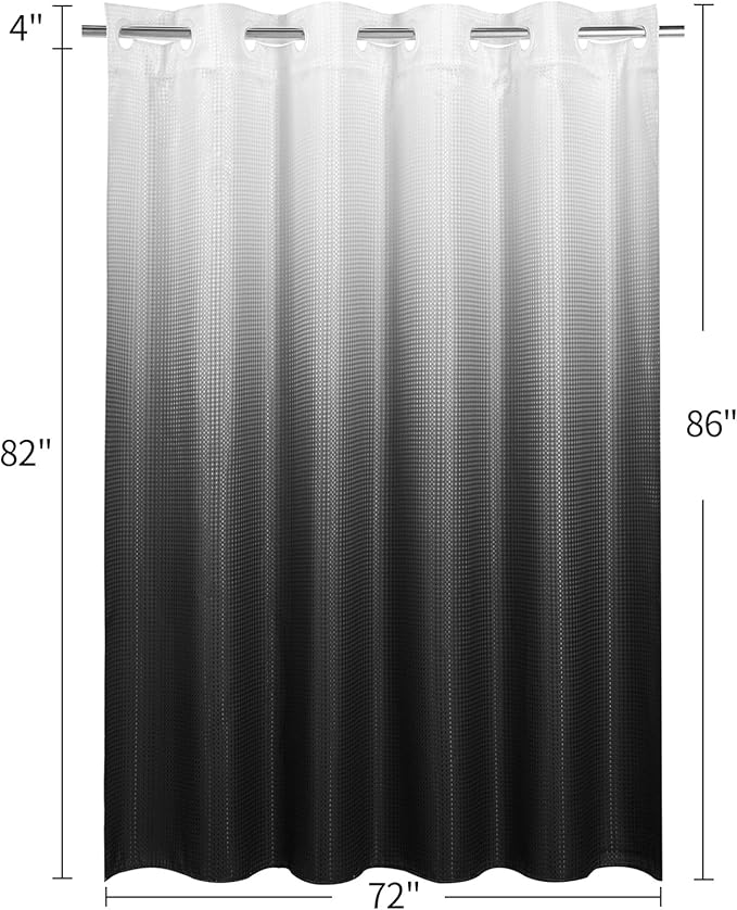 MitoVilla No Hooks Needed Extra Long Shower Curtain Liner Set, 86 inch XL Black Ombre Heavyweight Waffle Fabric Cloth Shower Curtains Set with Snap-in Liner for Modern Luxury Hotel Bathroom Decor