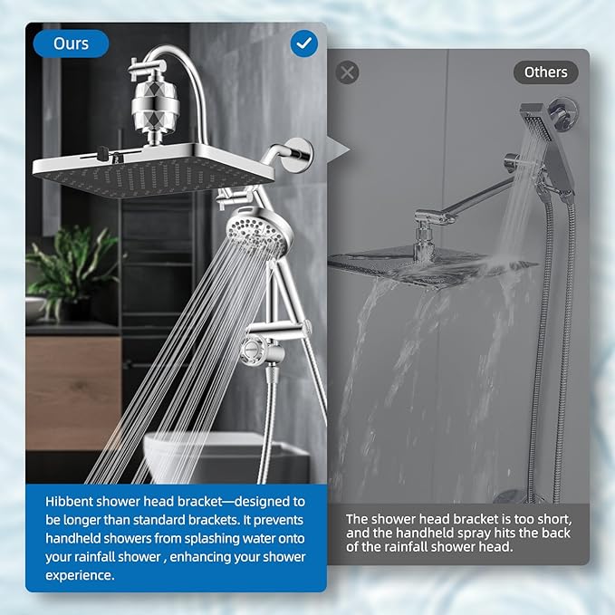 Hibbent 5-spray Dual Filtered Rainfall Shower Head Combo, High Pressure 13'' Showerhead with 10 Spray Mode Handheld, Easy Reach 4-way Diverter Shower Arm with Pause Mode, 71'' Hose and Holder, Chrome