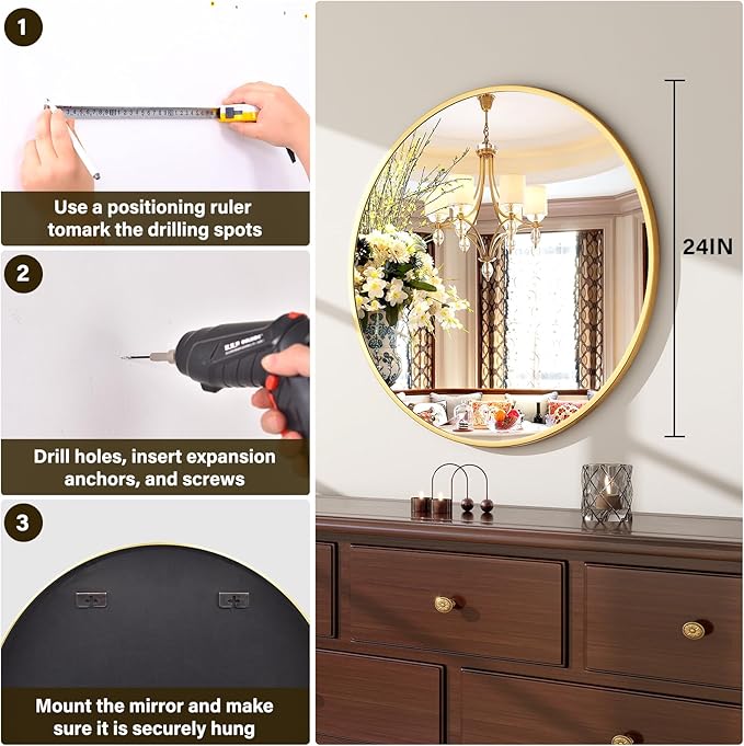 24 Inch Round Mirror - Circle Mirrors for Bathroom, Entryway and Living Room Wall Decor, Modern Hanging Vanity Mirror, Matte Gold Circle Decorative Wall Mirror