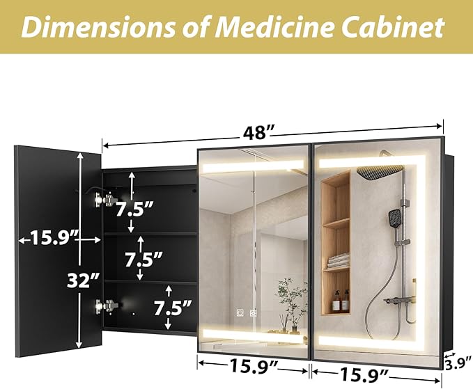 APRILSOUL 48X32 Inch Black Bathroom Medicine Cabinet with Mirror, Recessed or Surface Lighted Medicine Cabinet with 3 Colors Temperature, Dimmable Light