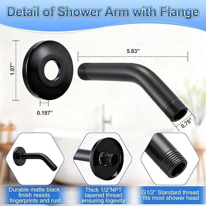 3 Piece Bathroom Fixture Set in Matte Black Shower Arm with Flange, Bathtub Drain, and 5-1/4 Inch Tub Spout Complete Upgrade Kit for Modern Bathrooms