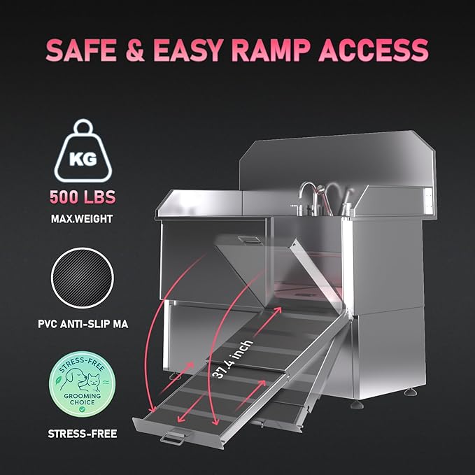 Dog Washing Station – 61 inch Professional 304 Stainless Steel Grooming Tub w/Ramp, Drawer, Faucet & Floor Grate, Dog Bathing Station for Large, Medium & Small Pets, 19" Leak-Proof Deep Soak