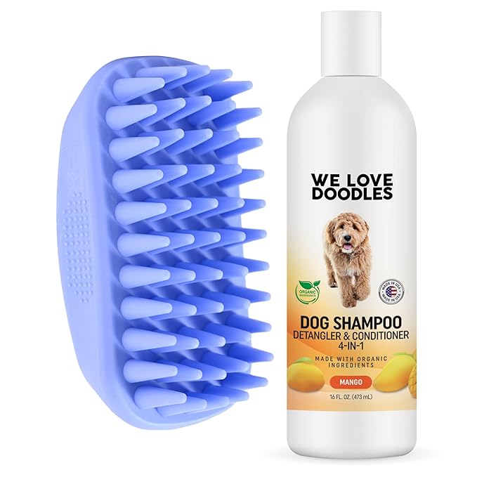 We Love Doodles Pet Rubber Bath Brush and Dog Shampoo (Bundle) - for Shower Scrubbing & Soothing Massage and Organic Dog Shampoo, Conditioner & Detangler - Made in The USA