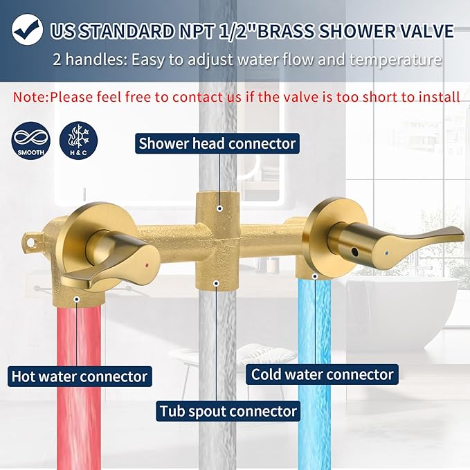 2 Handle Shower Faucet Set with Tub Spout Bathtub Shower Faucet Combo Set Shower System Complete Tub and Shower Trim Kit Brushed Gold Wall Mounted Shower Fixtures