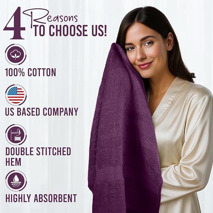 RIVERSIDE 100% Ring Spun Cotton Large Bath Towels Set of 4, 27 x 54 Inches – Quick Dry, Soft & Highly Absorbent Towels for Shower & Bathroom – Luxury 600 GSM Towels for Home, Spa, Gym, Hotel, Purple