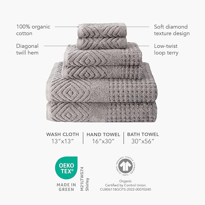 Texere 100% Organic Cotton Diamond Jacquard 700 GSM Luxury Bath Towel Sets - Ultra Soft and Absorbent Hotel and Spa Quality (Diamond, Cathedral Gray, 2 Bath Towels)